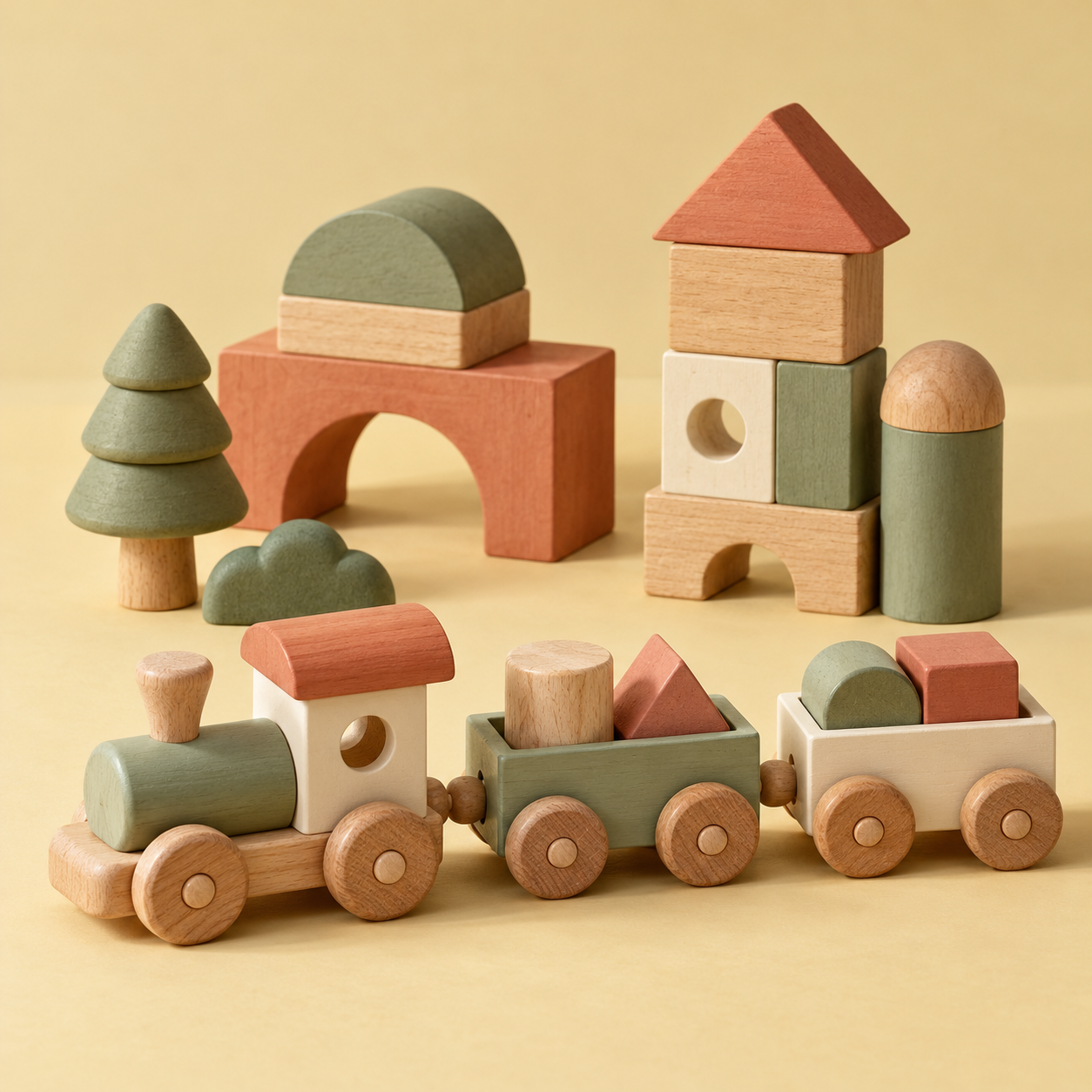 Wooden train and blocks