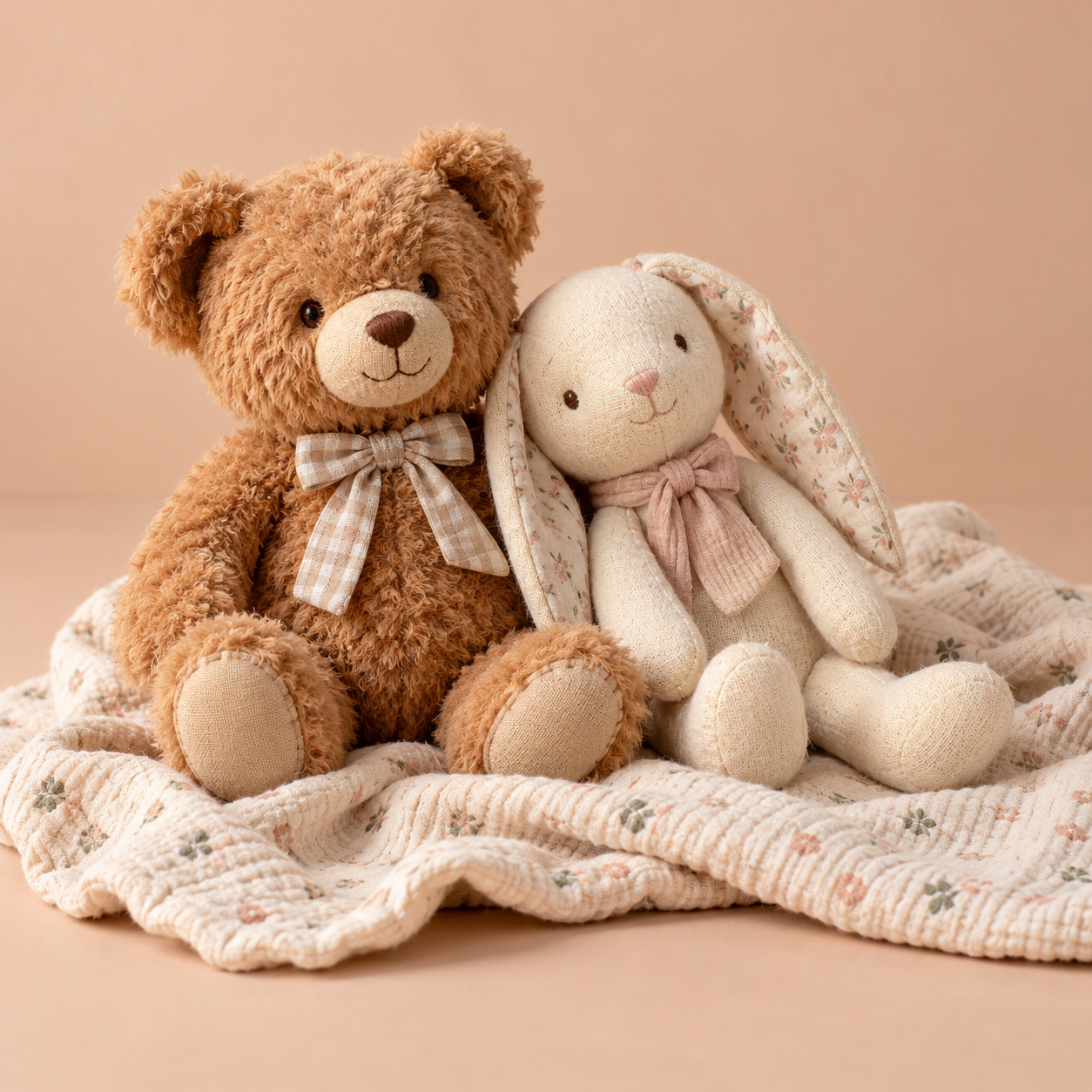 A teddy bear and cloth rabbit