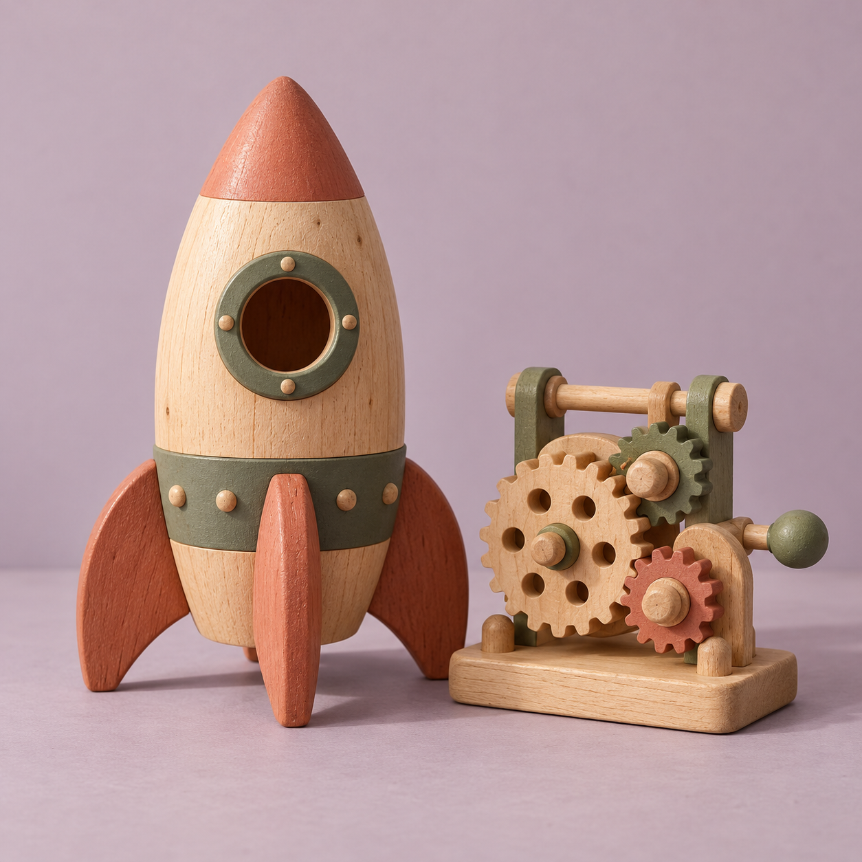 Wooden rocket and gear puzzle